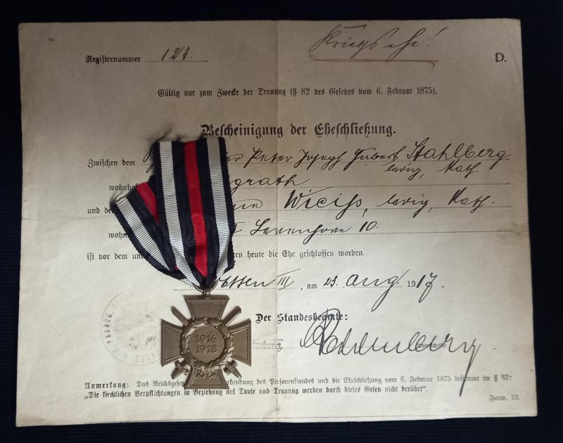 WW1 CROSS OF HONOUR + BESTOWAL DOCUMENT