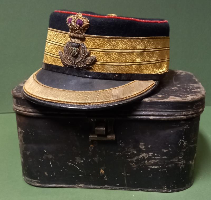 VICTORIAN OFFICERS DRILL CAP PRE - 1897 & METAL TRANSIT CASE